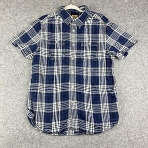 TreVero Shirt Mens Large Blue White Plaid Linen Short Sleeve Button Up Casual